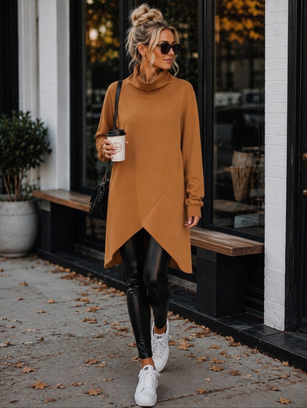 Misslook Winter Lined Asymmetrical Turtleneck Camel Brown Shirt Dress | XL